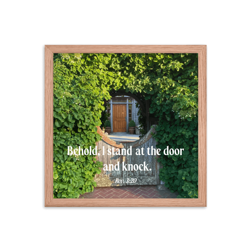Revelation 3:20 Bible Verse, Garden Doorway Enhanced Matte Paper Framed Poster Wall Art Red Oak 14″×14″