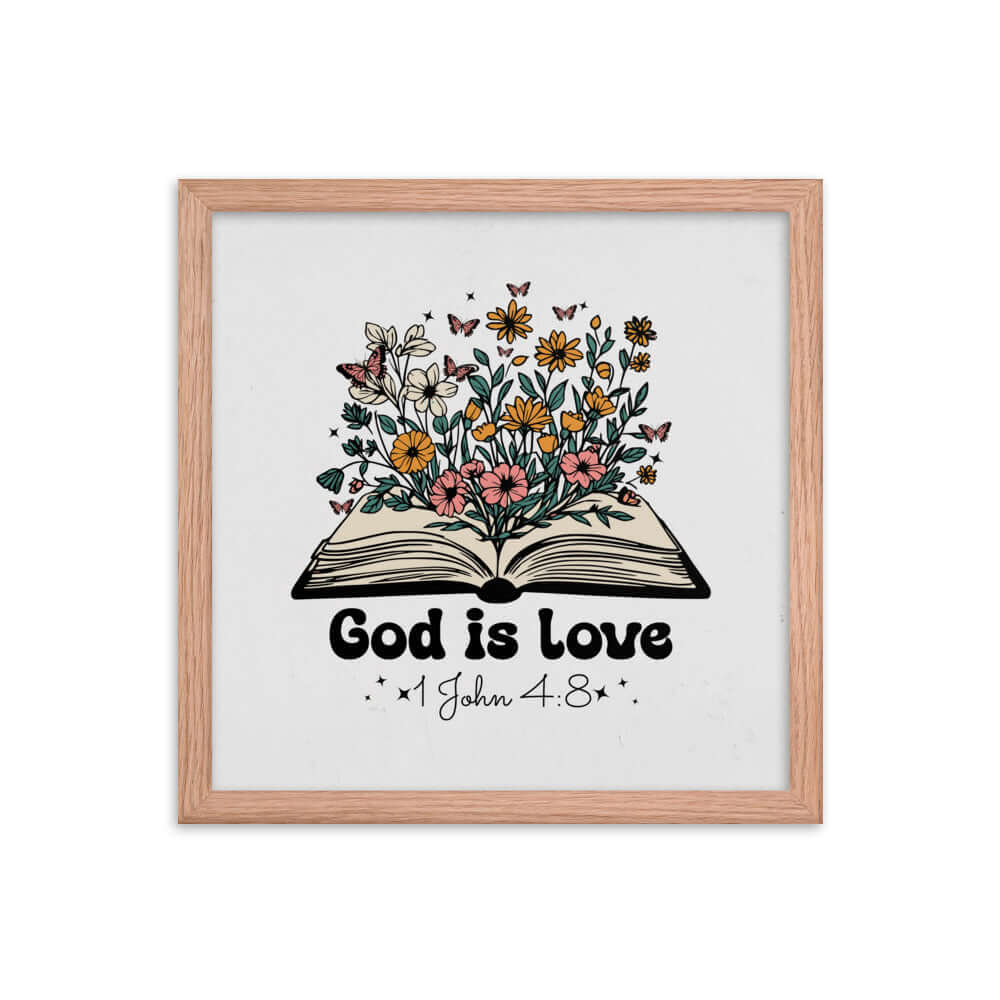 1 John 4:8 Bible Verse, God is Love Enhanced Matte Paper Framed Poster Wall Art Red Oak 14″×14″