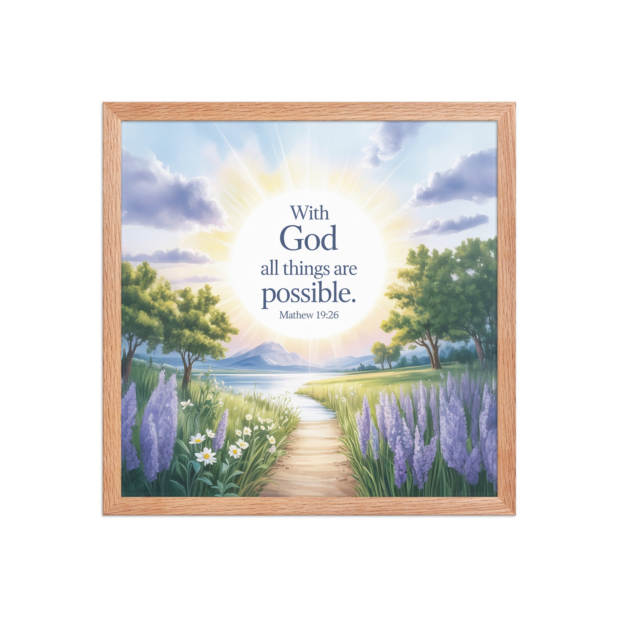 Matthew 19:26 Bible Verse Looking at Enhanced Matte Paper Framed Poster Red Oak 16″×16″