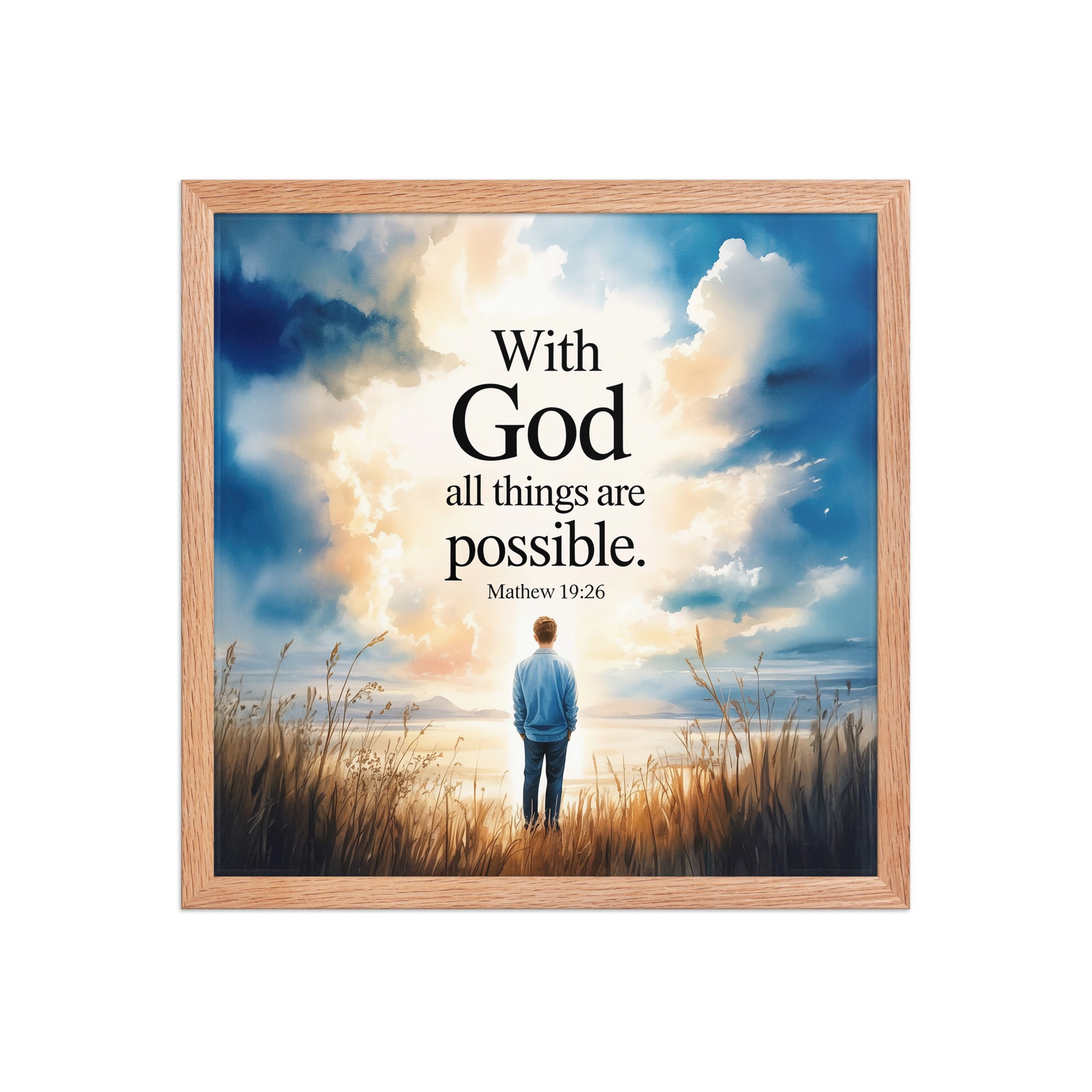 Matthew 19:26 Bible Verse Jesus Enhanced Matte Paper Framed Poster Red Oak 16″×16″