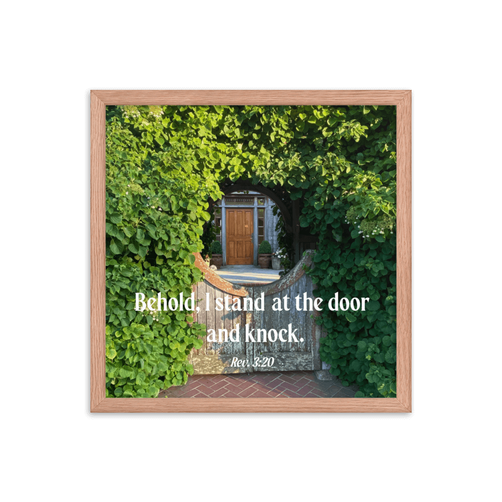 Revelation 3:20 Bible Verse, Garden Doorway Enhanced Matte Paper Framed Poster Wall Art Red Oak 16″×16″