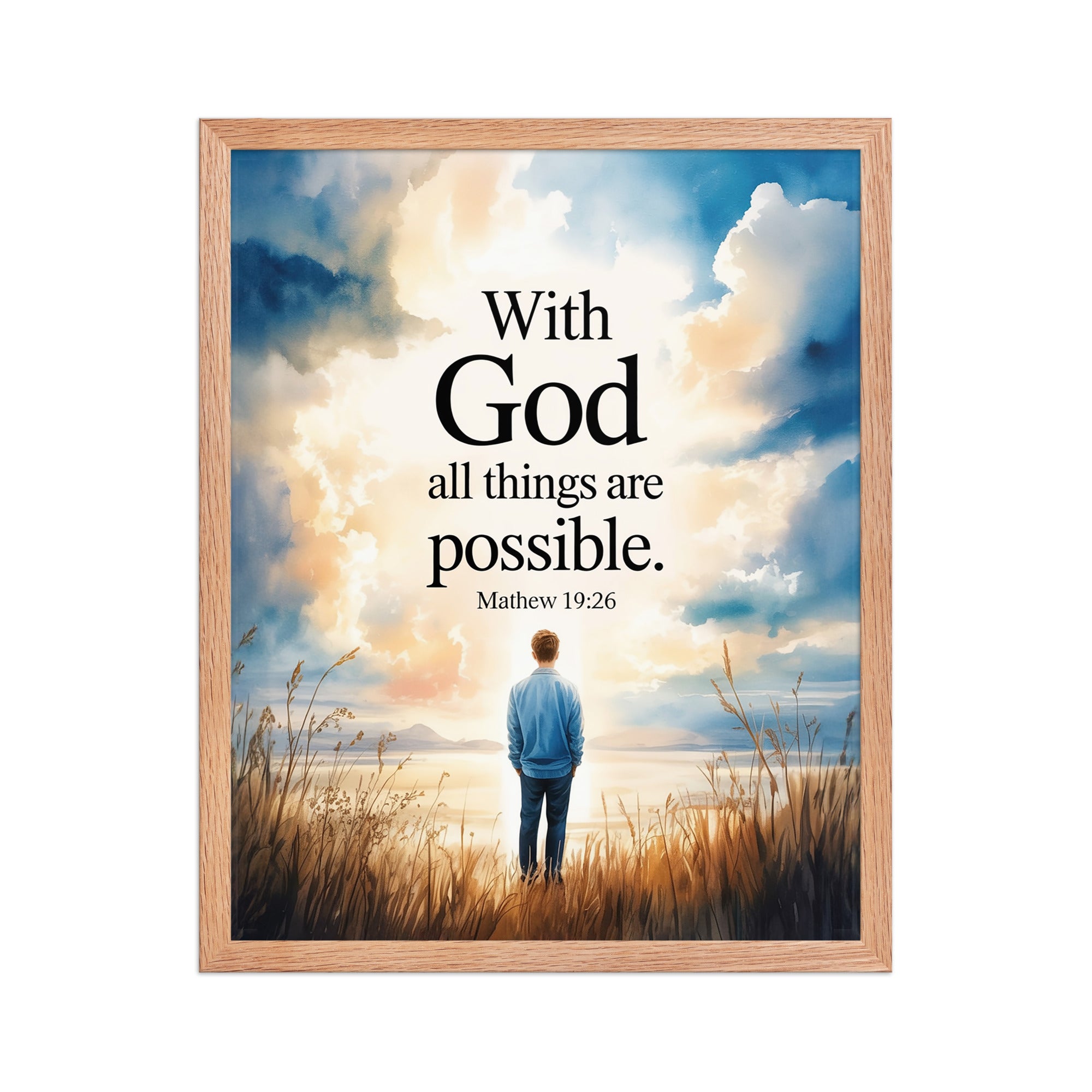 Matthew 19:26 Bible Verse Jesus Enhanced Matte Paper Framed Poster Red Oak 16″×20″