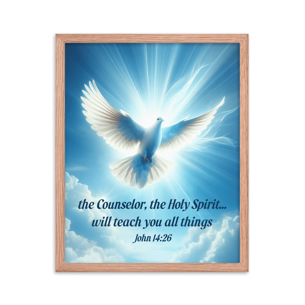 John 14:26 Bible Verse, Holy Spirit Dove Enhanced Matte Paper Framed Poster Wall Art Red Oak 16″×20″