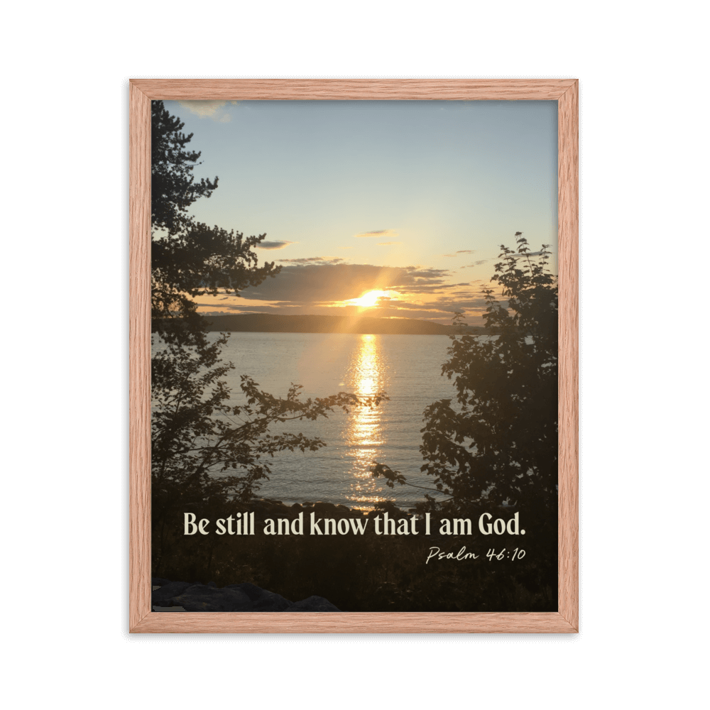 Psalm 46:10 Bible Verse, Sunset Glory Enhanced Matte Paper Framed Poster Wall Art Red Oak 16″×20″