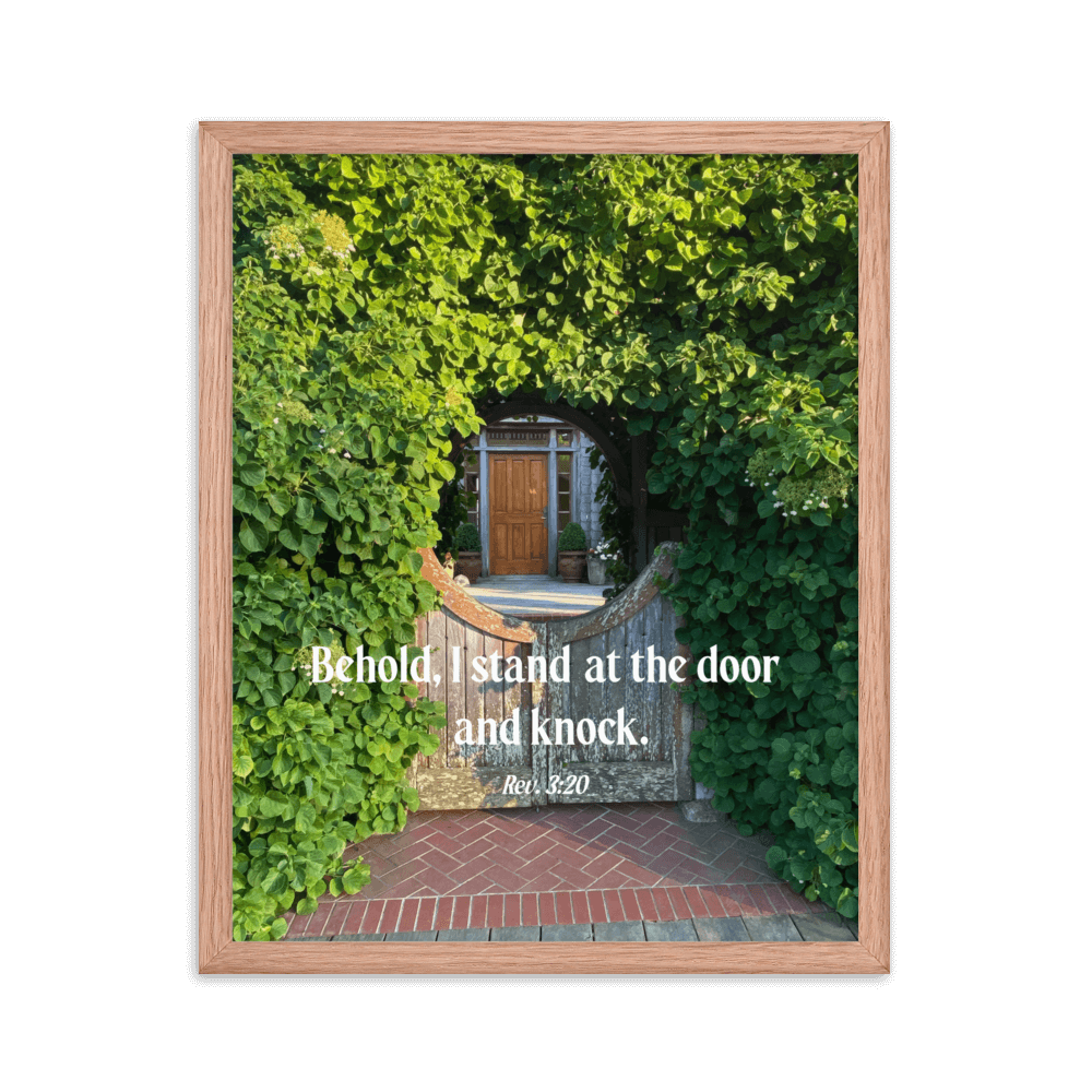 Revelation 3:20 Bible Verse, Garden Doorway Enhanced Matte Paper Framed Poster Wall Art Red Oak 16″×20″