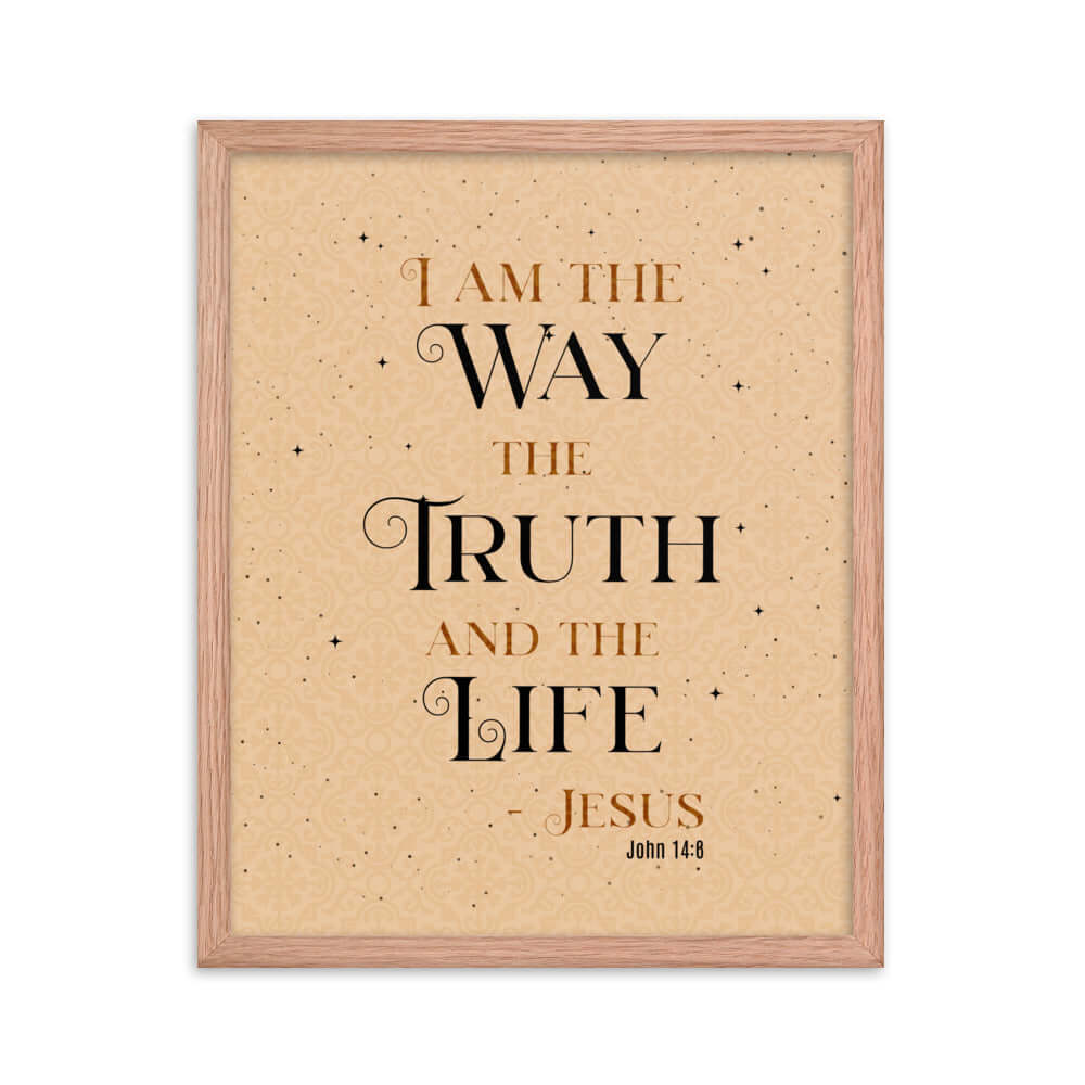 John 14:6 Bible Verse, Color Text Brown Background Enhanced Matte Paper Framed Poster Wall Art Red Oak 16″×20″
