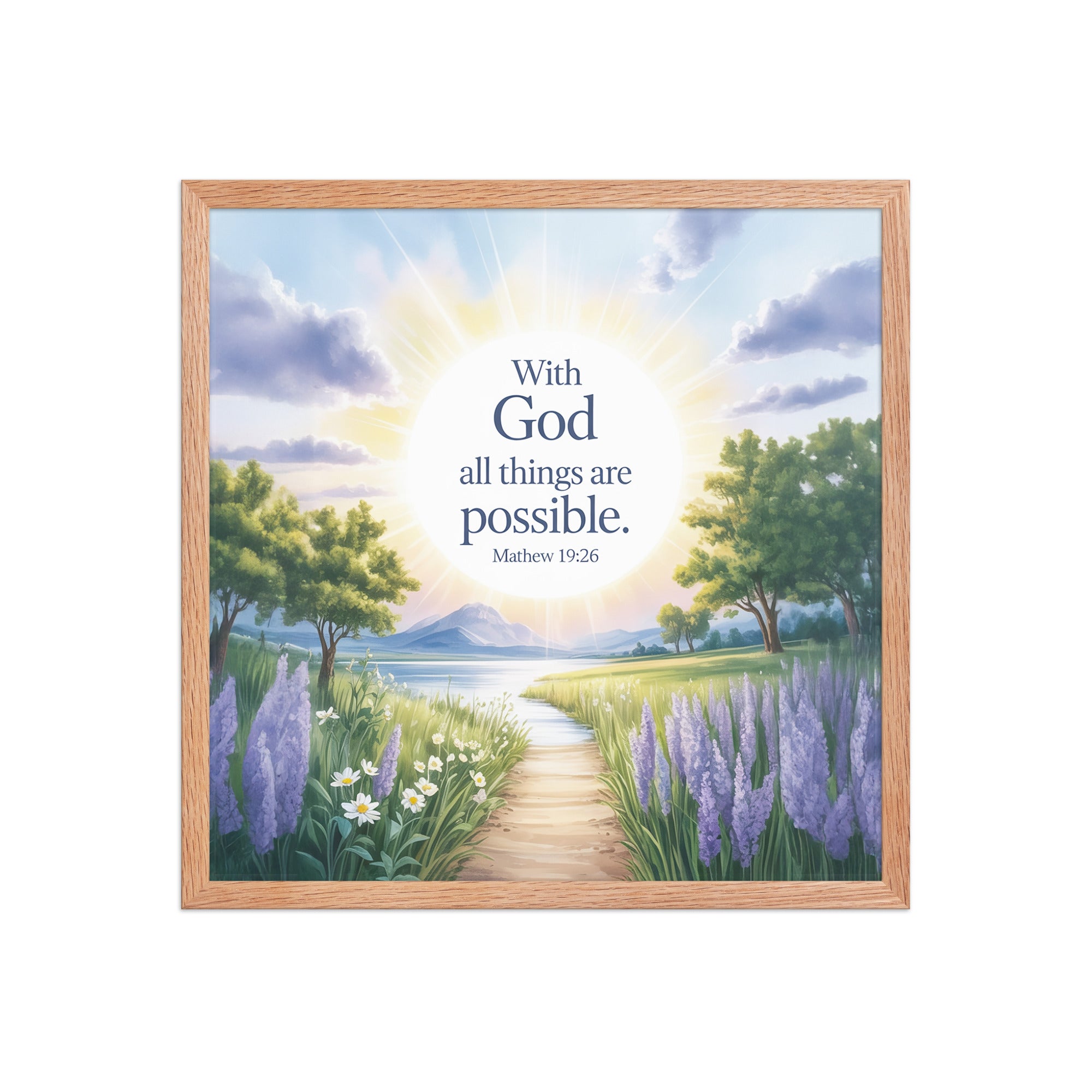 Matthew 19:26 Bible Verse Looking at Enhanced Matte Paper Framed Poster Red Oak 18″×18″