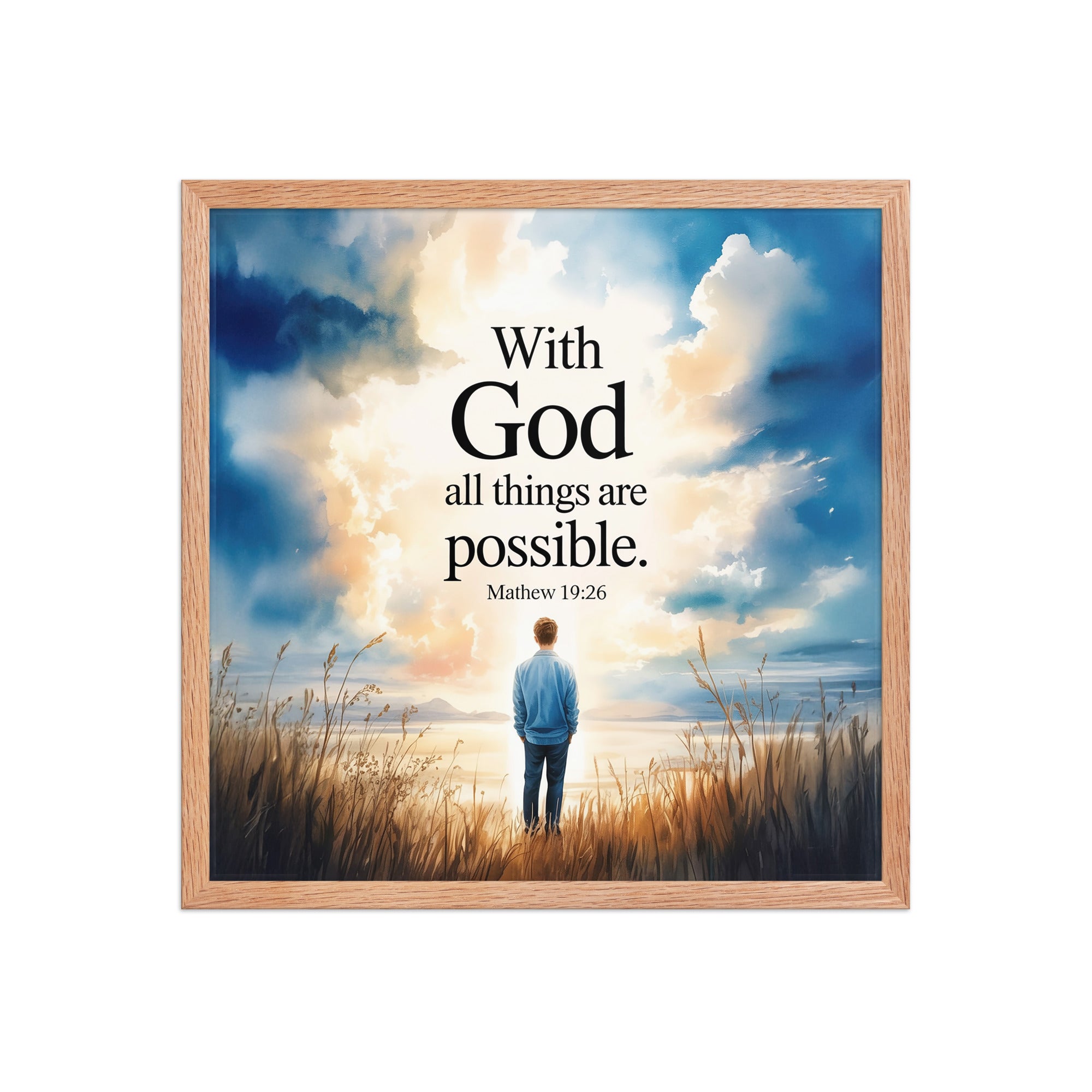 Matthew 19:26 Bible Verse Jesus Enhanced Matte Paper Framed Poster Red Oak 18″×18″