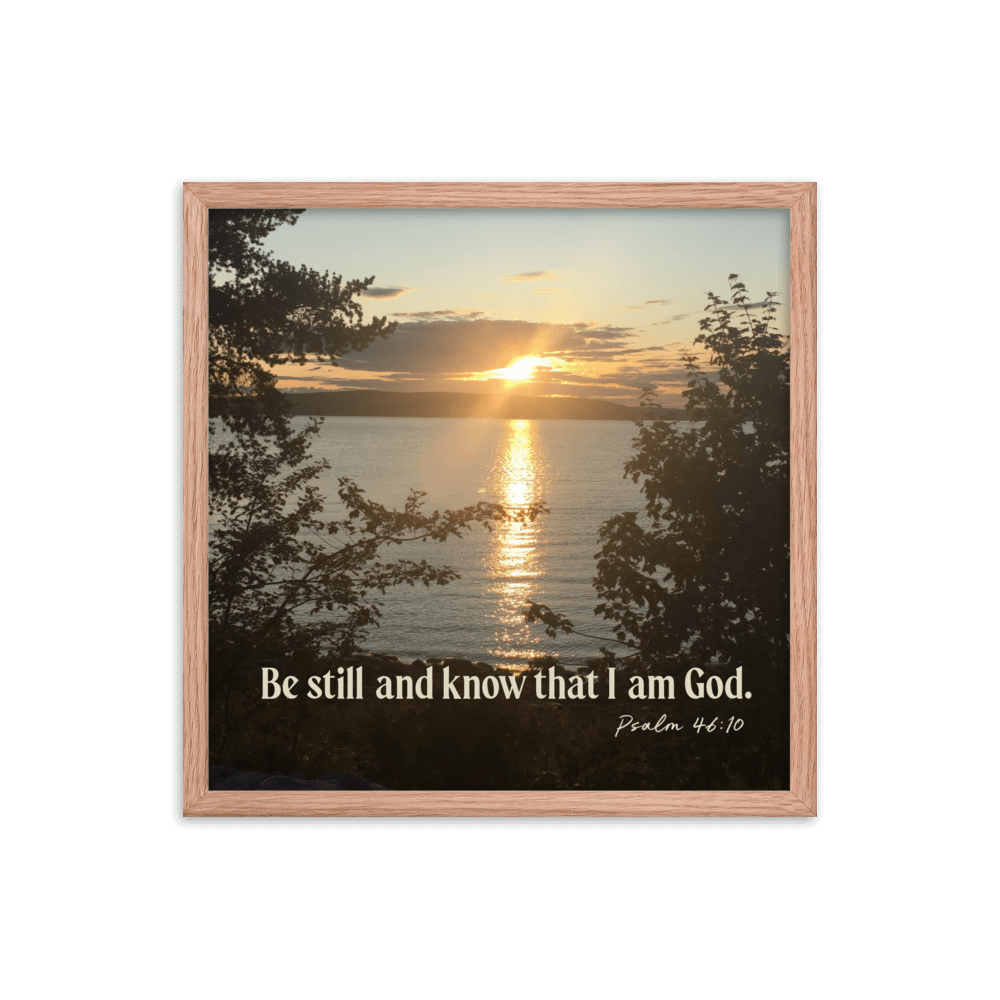 Psalm 46:10 Bible Verse, Sunset Glory Enhanced Matte Paper Framed Poster Wall Art Red Oak 18″×18″