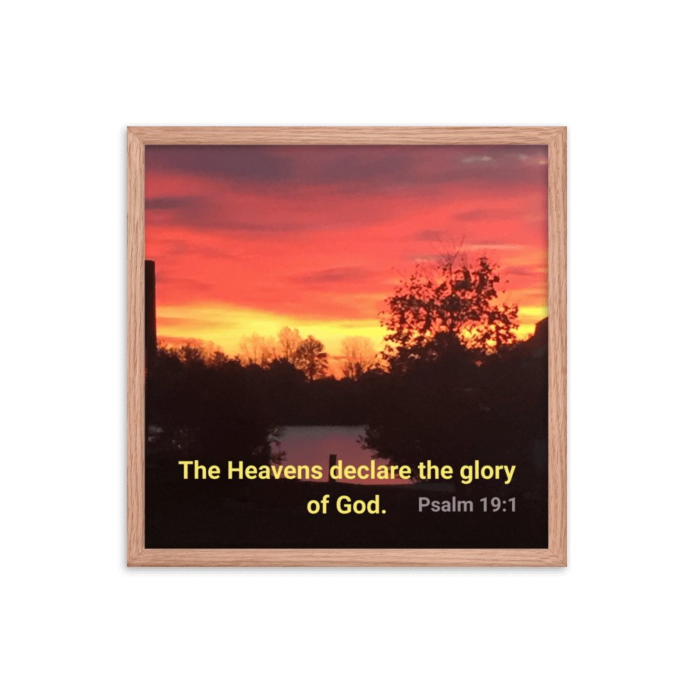 Psalm 19:1 Bible Verse, Sunset Glory Enhanced Matte Paper Framed Poster Wall Art Red Oak 18″×18″