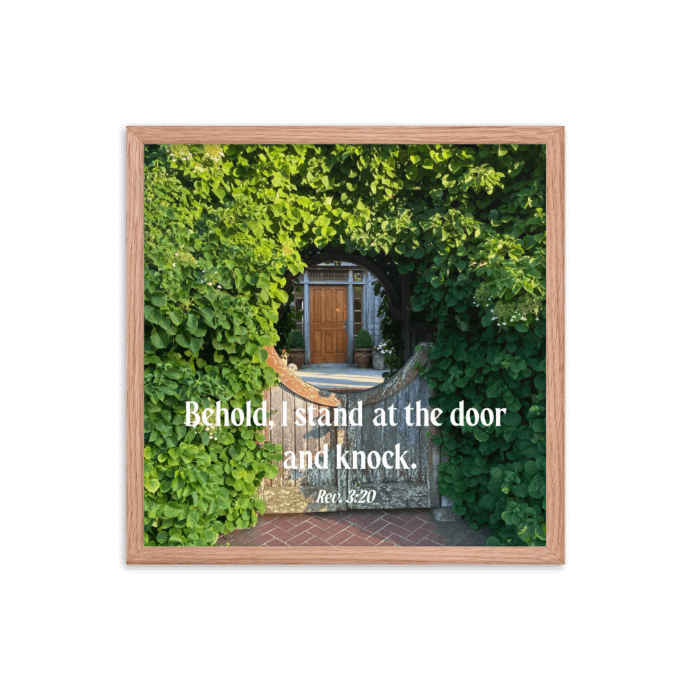 Revelation 3:20 Bible Verse, Garden Doorway Enhanced Matte Paper Framed Poster Wall Art Red Oak 18″×18″