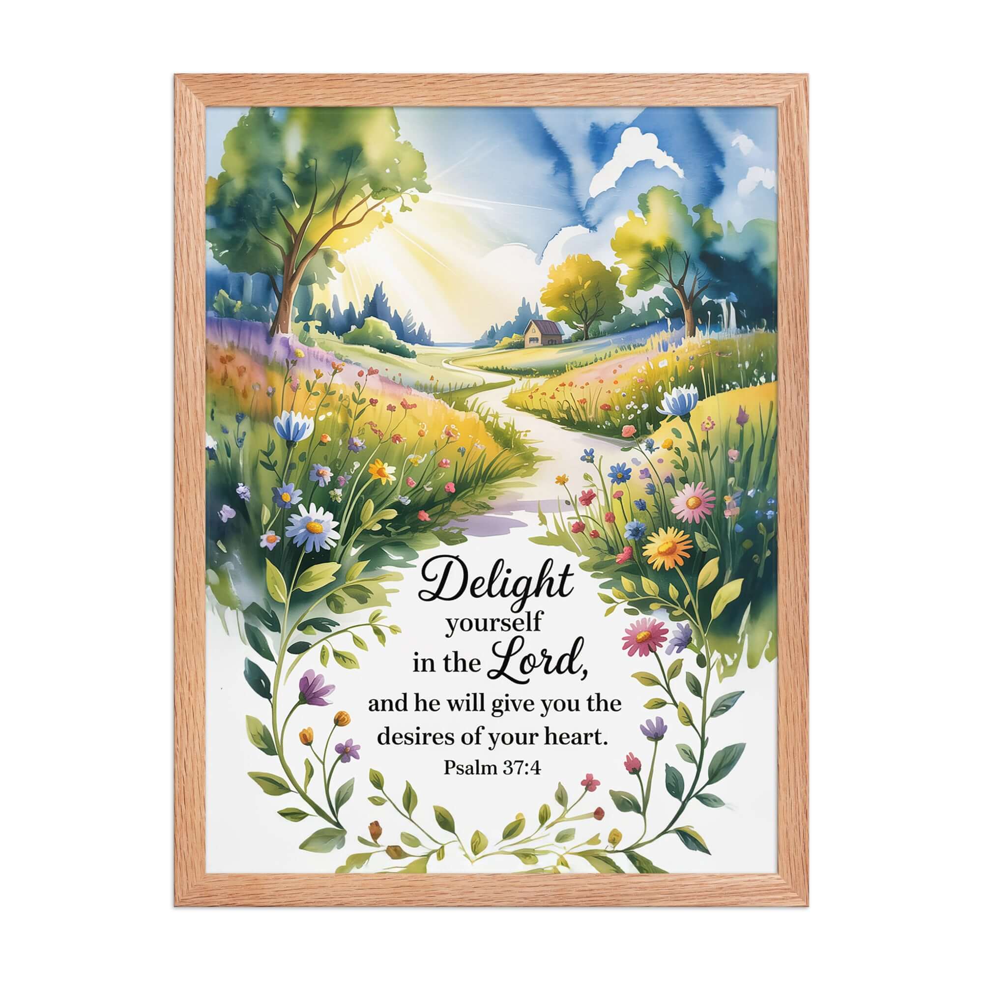 Psalm 37:4 Bible Verse, desires Enhanced Matte Paper Framed Poster Red Oak 18″×24″