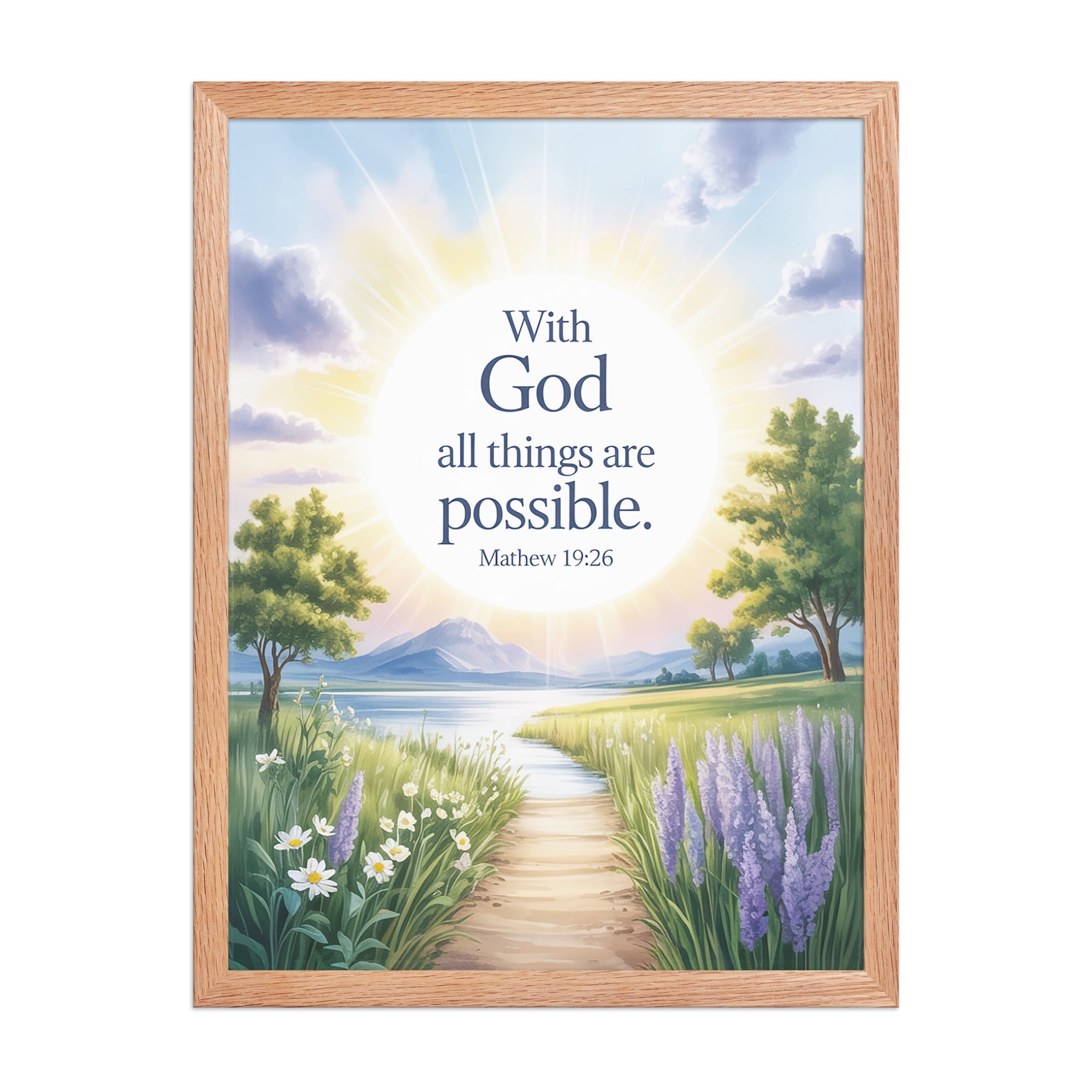 Matthew 19:26 Bible Verse Looking at Enhanced Matte Paper Framed Poster Red Oak 18″×24″