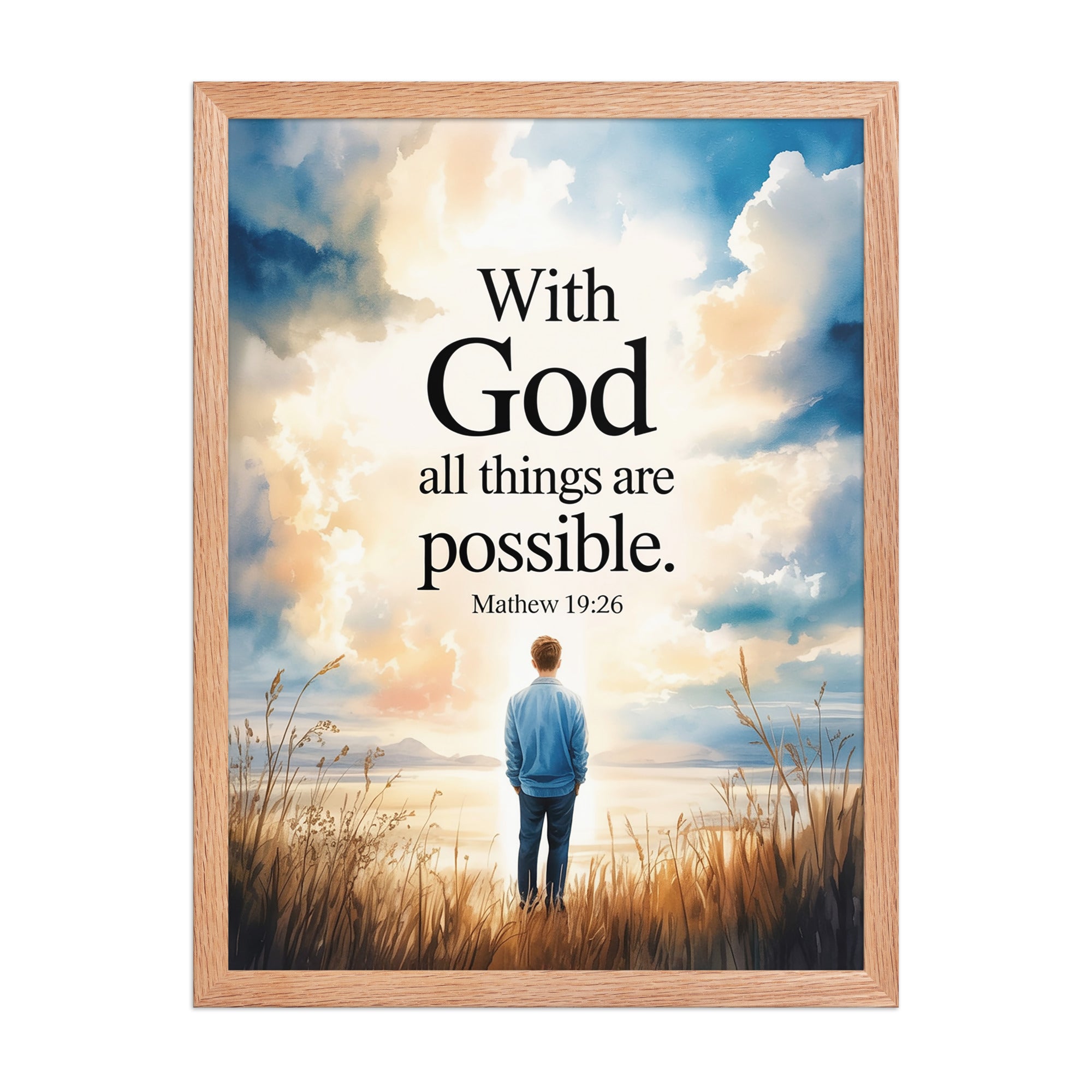 Matthew 19:26 Bible Verse Jesus Enhanced Matte Paper Framed Poster Red Oak 18″×24″