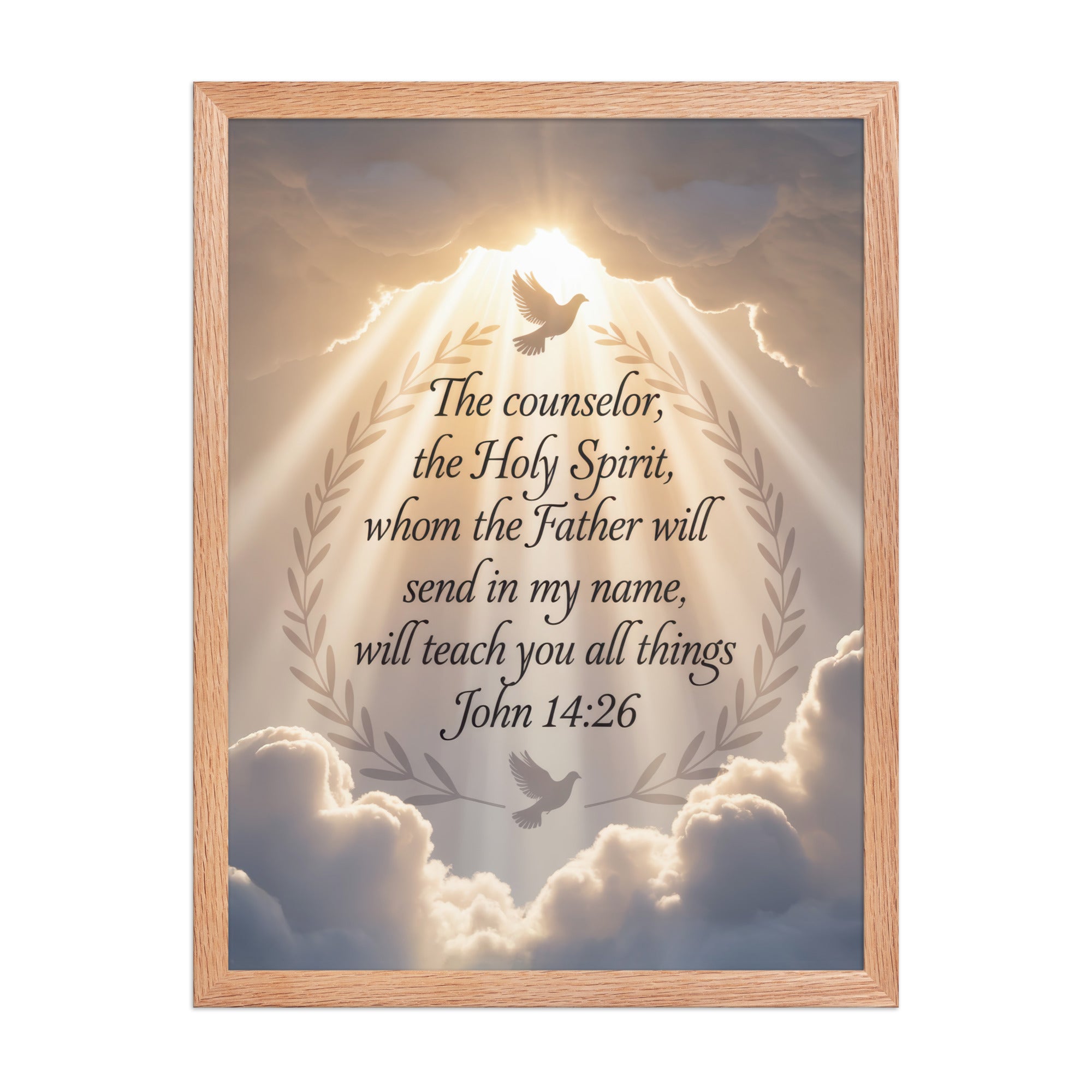John 14:26 Bible Verse Counselor Enhanced Matte Paper Framed Poster Red Oak 18″×24″