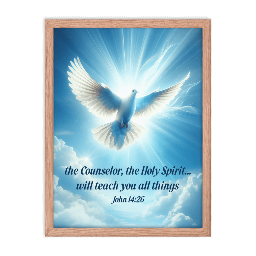 John 14:26 Bible Verse, Holy Spirit Dove Enhanced Matte Paper Framed Poster Wall Art Red Oak 18″×24″