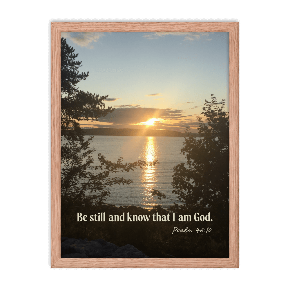 Psalm 46:10 Bible Verse, Sunset Glory Enhanced Matte Paper Framed Poster Wall Art Red Oak 18″×24″
