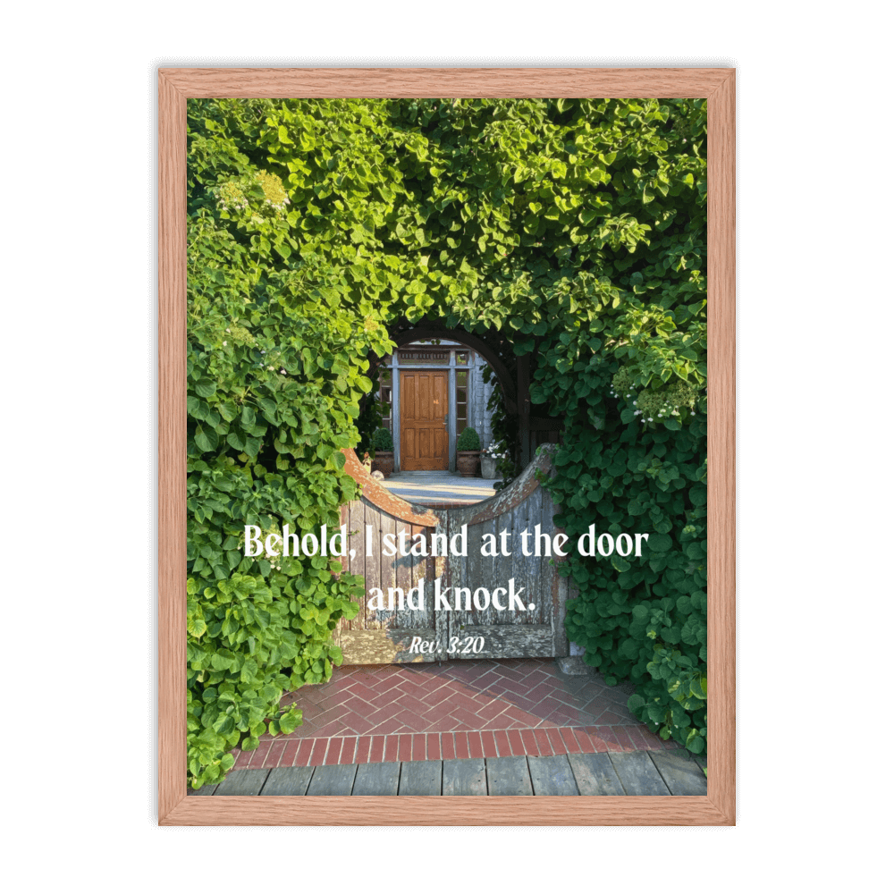 Revelation 3:20 Bible Verse, Garden Doorway Enhanced Matte Paper Framed Poster Wall Art Red Oak 18″×24″