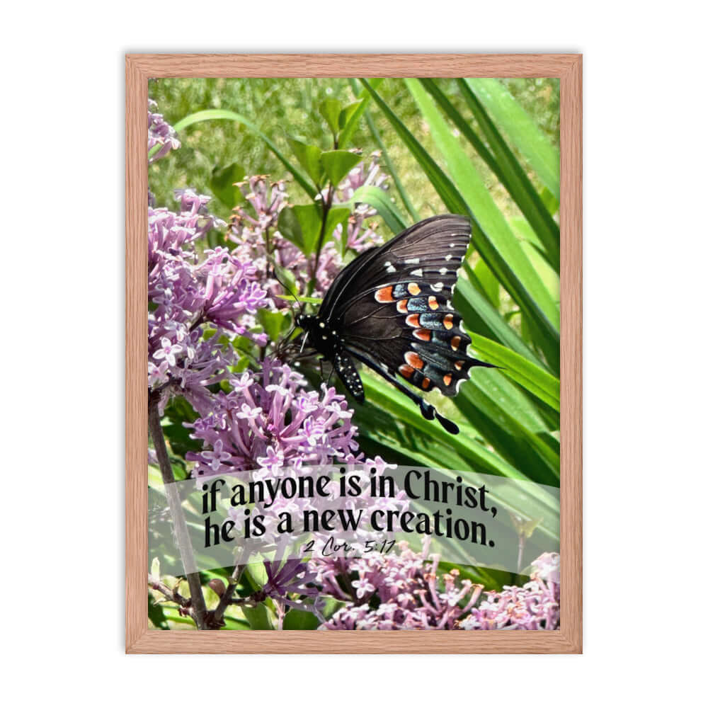 2 Corinthians 5:17 Bible Verse, Butterfly Enhanced Matte Paper Framed Poster Wall Art Red Oak 18″×24″