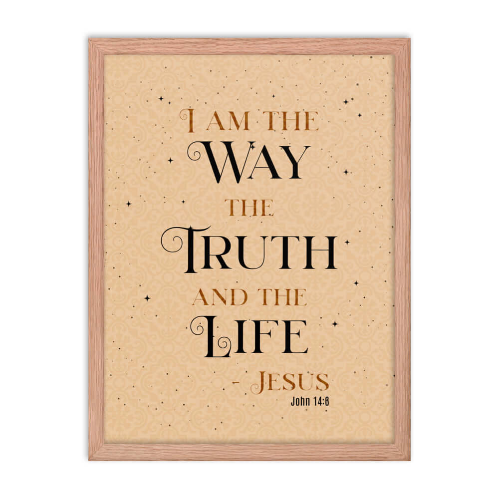John 14:6 Bible Verse, Color Text Brown Background Enhanced Matte Paper Framed Poster Wall Art Red Oak 18″×24″
