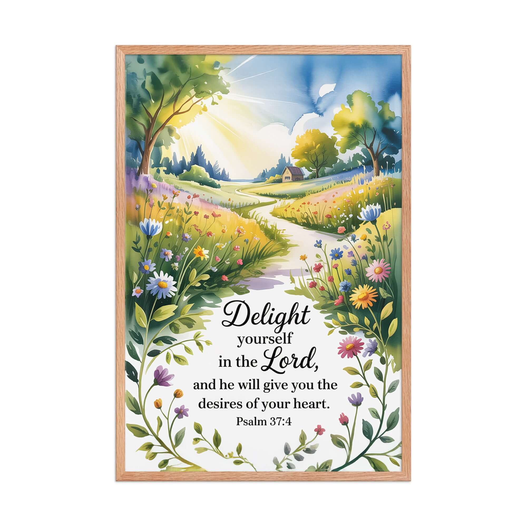 Psalm 37:4 Bible Verse, desires Enhanced Matte Paper Framed Poster Red Oak 24″×36″