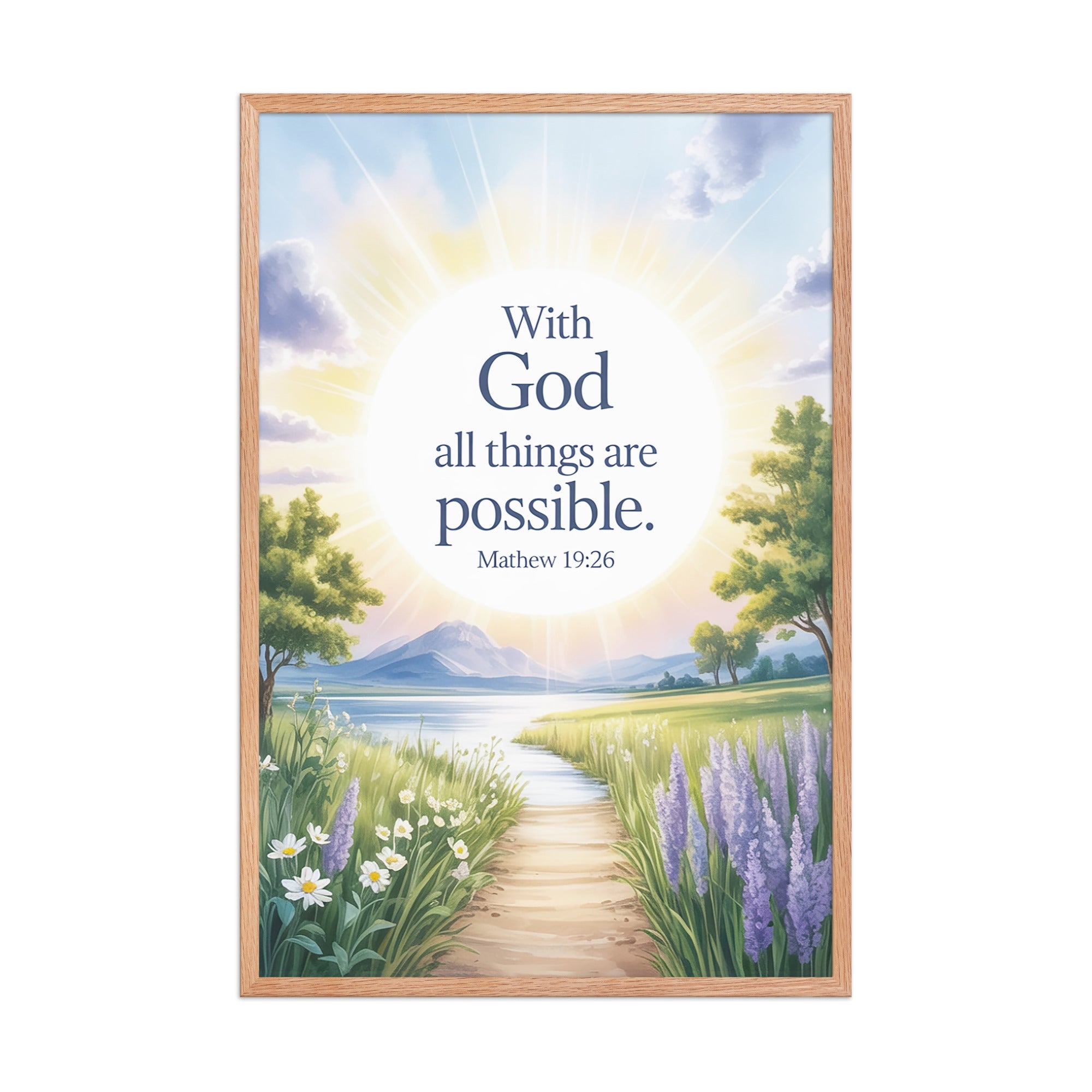 Matthew 19:26 Bible Verse Looking at Enhanced Matte Paper Framed Poster Red Oak 24″×36″