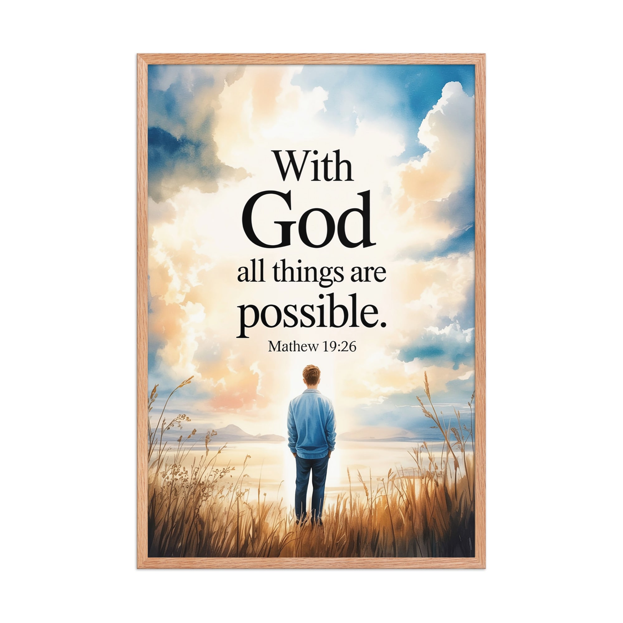 Matthew 19:26 Bible Verse Jesus Enhanced Matte Paper Framed Poster Red Oak 24″×36″