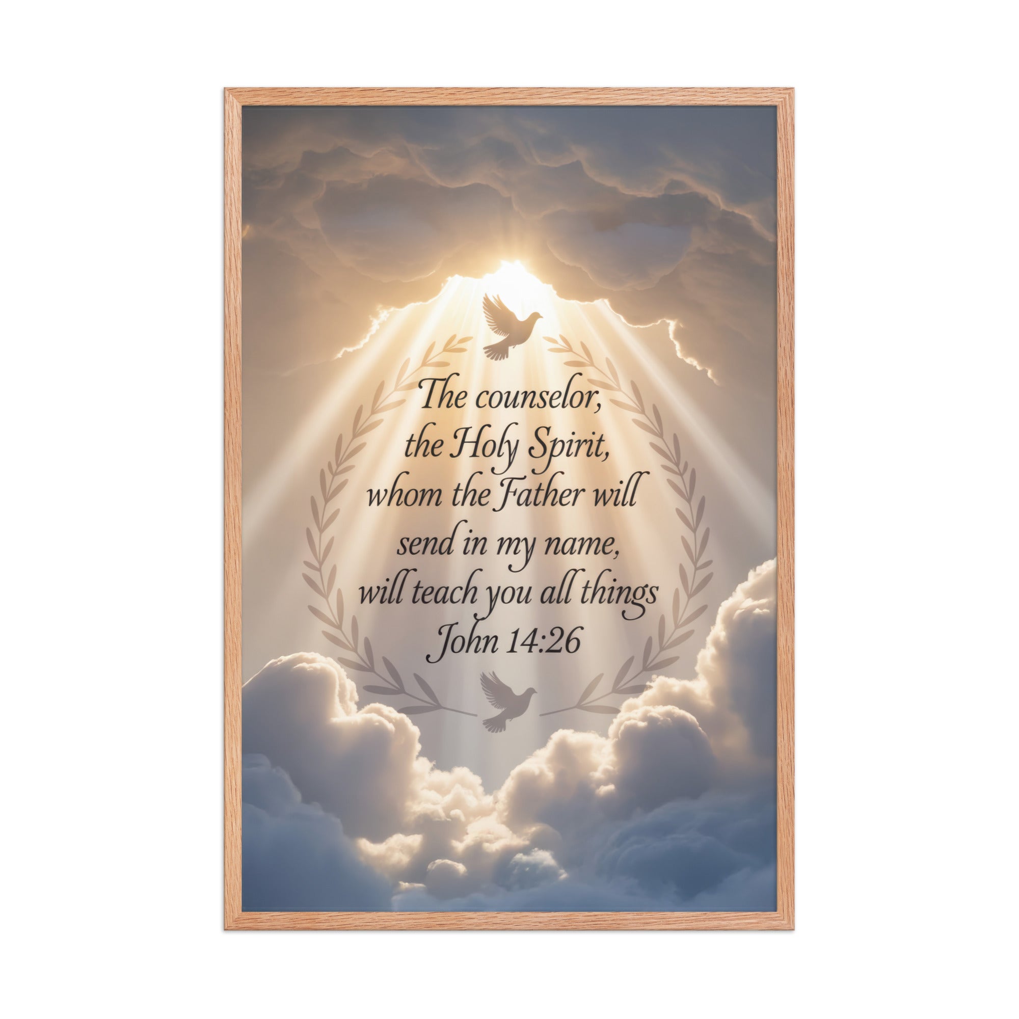 John 14:26 Bible Verse Counselor Enhanced Matte Paper Framed Poster Red Oak 24″×36″