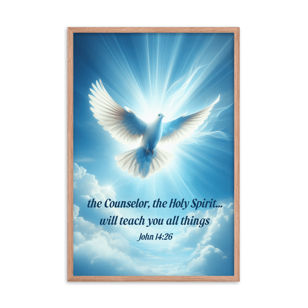 John 14:26 Bible Verse, Holy Spirit Dove Enhanced Matte Paper Framed Poster Wall Art Red Oak 24″×36″