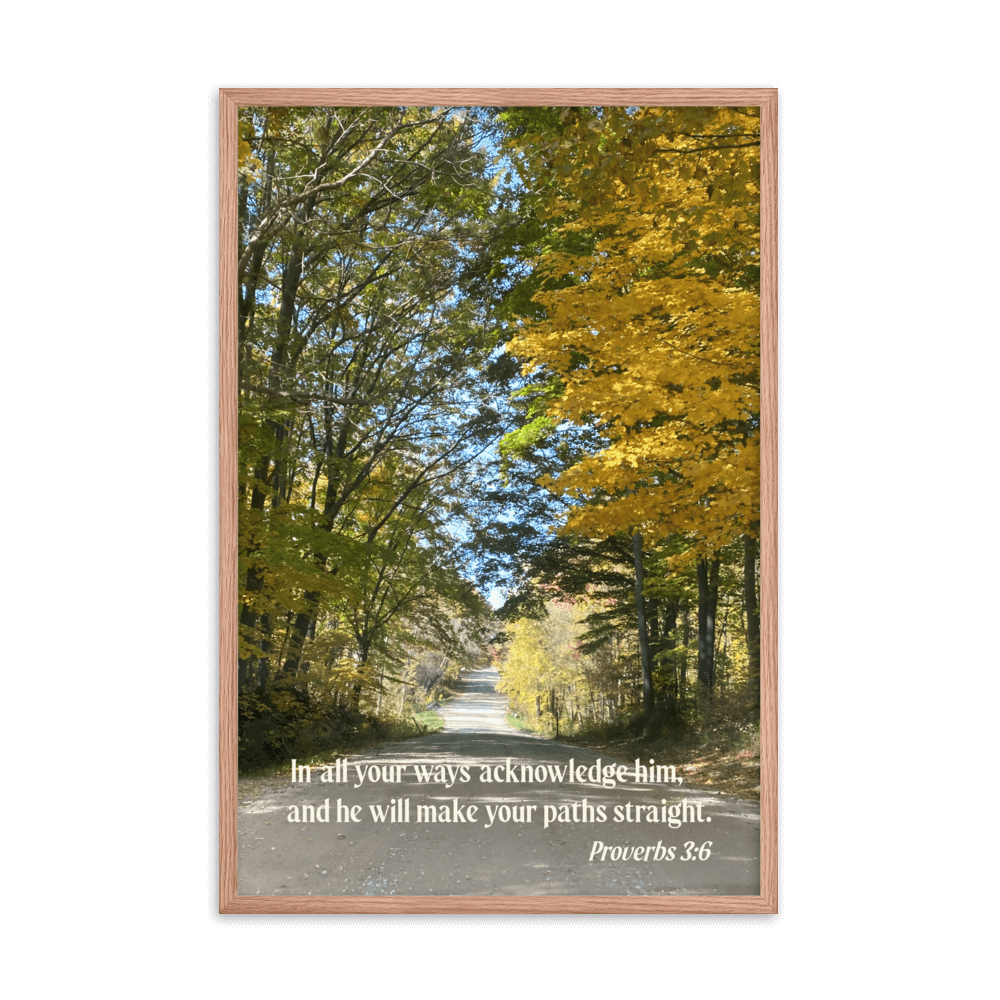 Proverbs 3:6 Bible Verse, Fall Road Enhanced Matte Paper Framed Poster Wall Art Red Oak 24″×36″