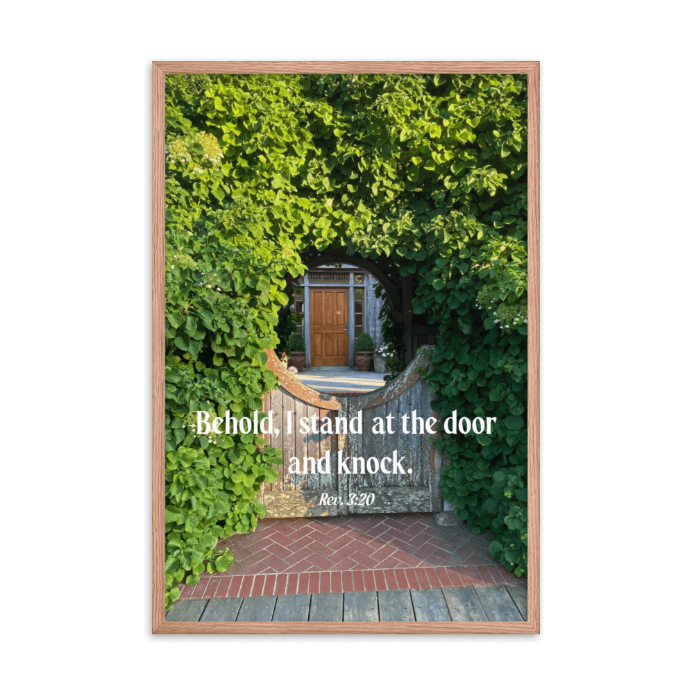 Revelation 3:20 Bible Verse, Garden Doorway Enhanced Matte Paper Framed Poster Wall Art Red Oak 24″×36″