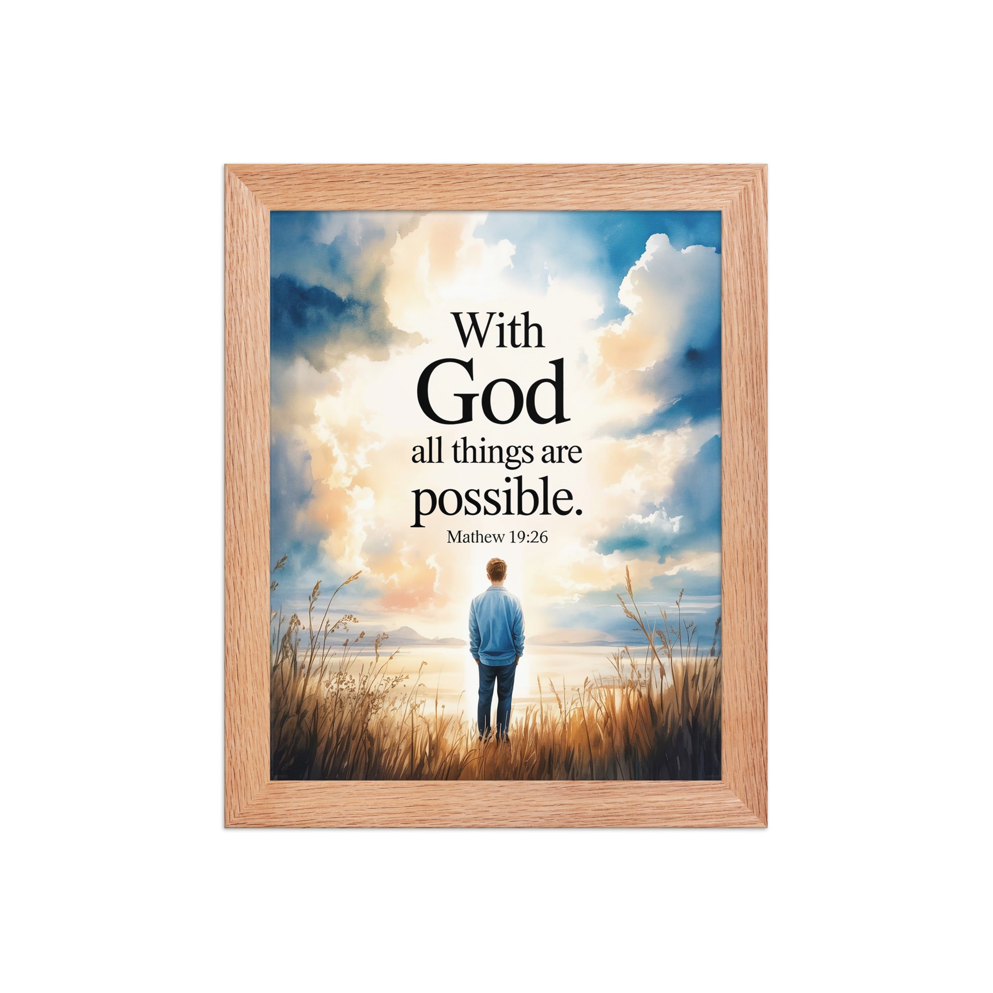 Matthew 19:26 Bible Verse Jesus Enhanced Matte Paper Framed Poster Red Oak 8″×10″