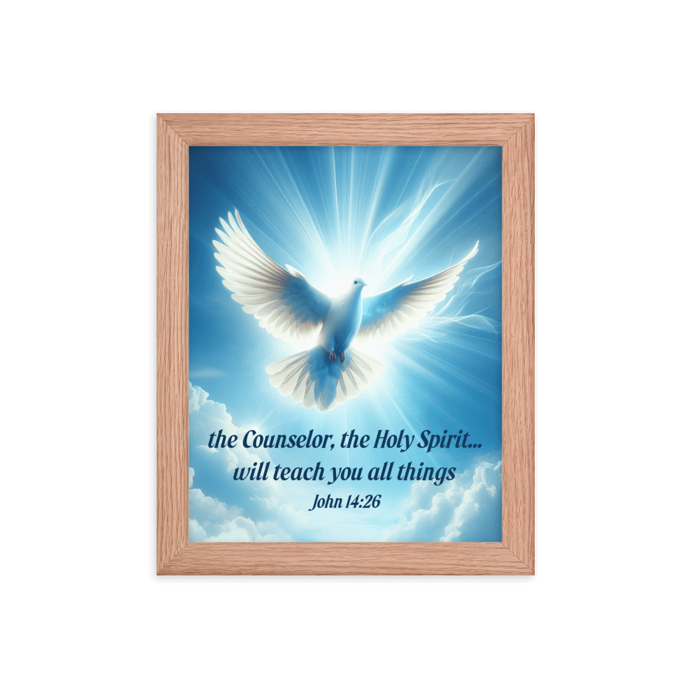 John 14:26 Bible Verse, Holy Spirit Dove Enhanced Matte Paper Framed Poster Wall Art Red Oak 8″×10″