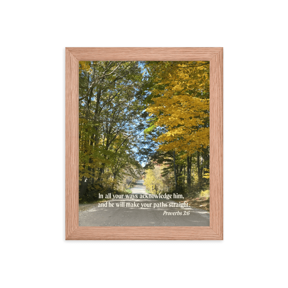Proverbs 3:6 Bible Verse, Fall Road Enhanced Matte Paper Framed Poster Wall Art Red Oak 8″×10″