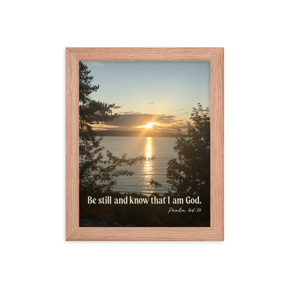 Psalm 46:10 Bible Verse, Sunset Glory Enhanced Matte Paper Framed Poster Wall Art Red Oak 8″×10″
