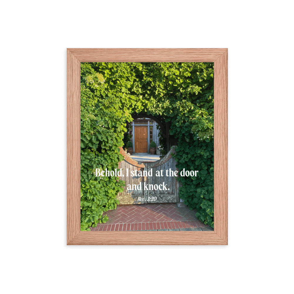 Revelation 3:20 Bible Verse, Garden Doorway Enhanced Matte Paper Framed Poster Wall Art Red Oak 8″×10″
