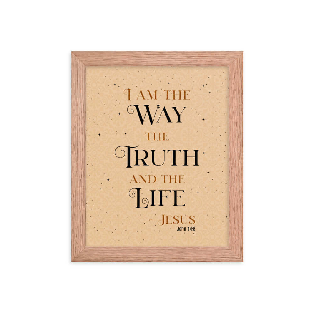 John 14:6 Bible Verse, Color Text Brown Background Enhanced Matte Paper Framed Poster Wall Art Red Oak 8″×10″