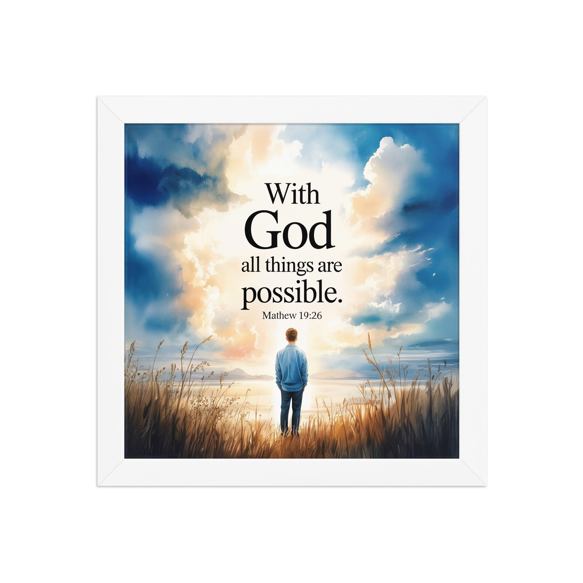 Matthew 19:26 Bible Verse Jesus Enhanced Matte Paper Framed Poster White 10″×10″