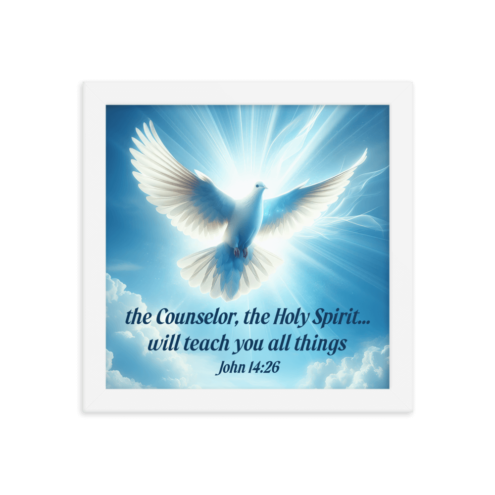 John 14:26 Bible Verse, Holy Spirit Dove Enhanced Matte Paper Framed Poster Wall Art White 10″×10″