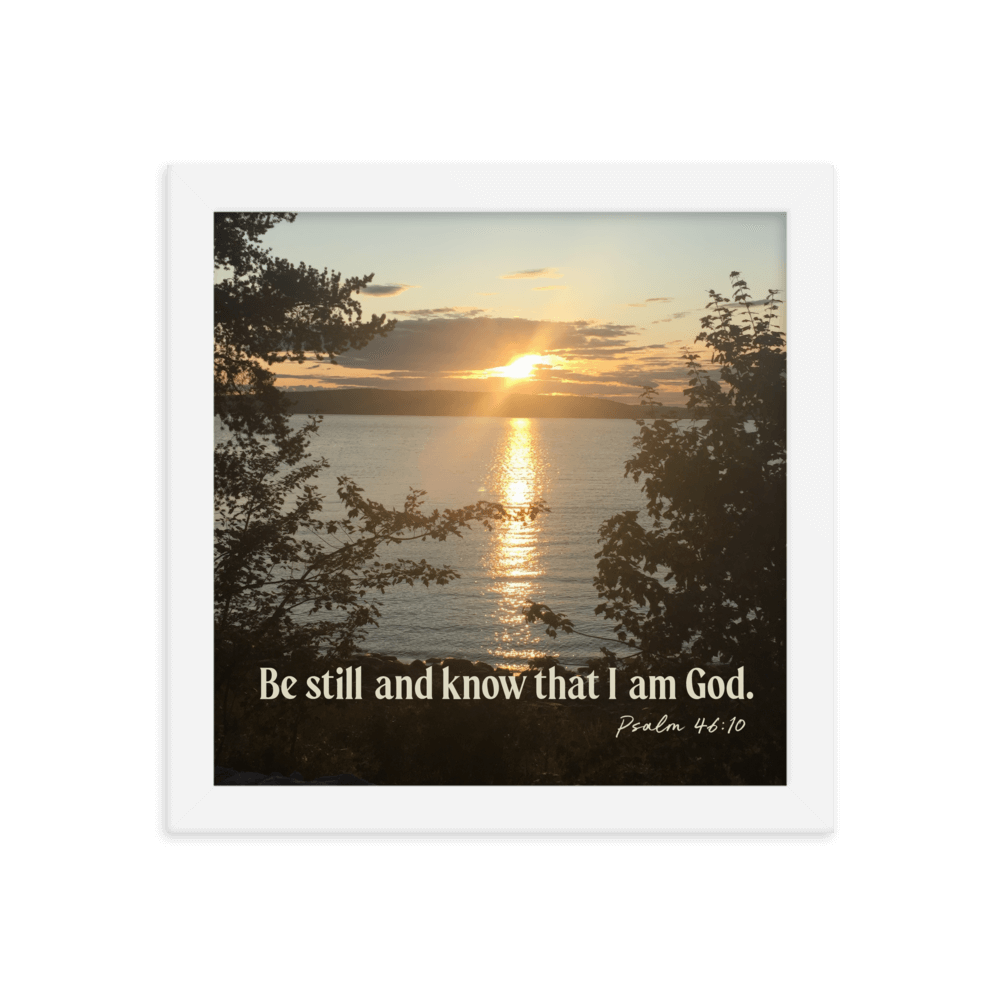 Psalm 46:10 Bible Verse, Sunset Glory Enhanced Matte Paper Framed Poster Wall Art White 10″×10″