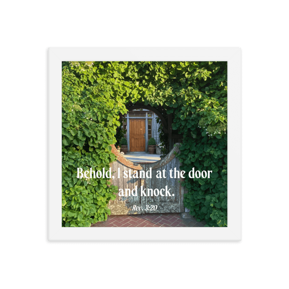 Revelation 3:20 Bible Verse, Garden Doorway Enhanced Matte Paper Framed Poster Wall Art White 10″×10″