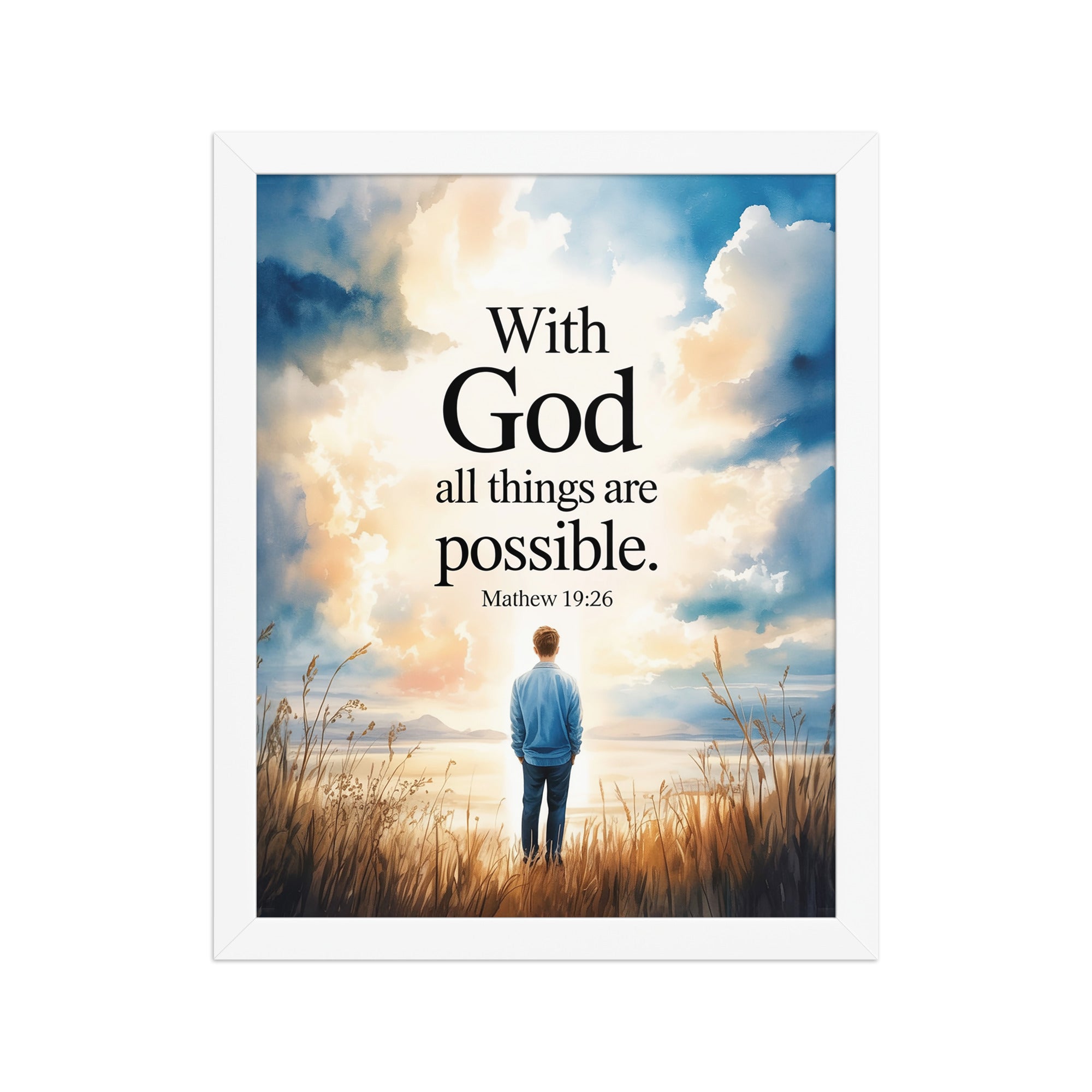 Matthew 19:26 Bible Verse Jesus Enhanced Matte Paper Framed Poster White 11″×14″