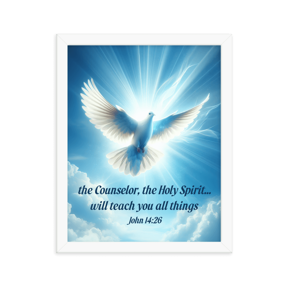 John 14:26 Bible Verse, Holy Spirit Dove Enhanced Matte Paper Framed Poster Wall Art White 11″×14″