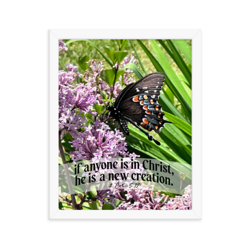2 Corinthians 5:17 Bible Verse, Butterfly Enhanced Matte Paper Framed Poster Wall Art White 11″×14″