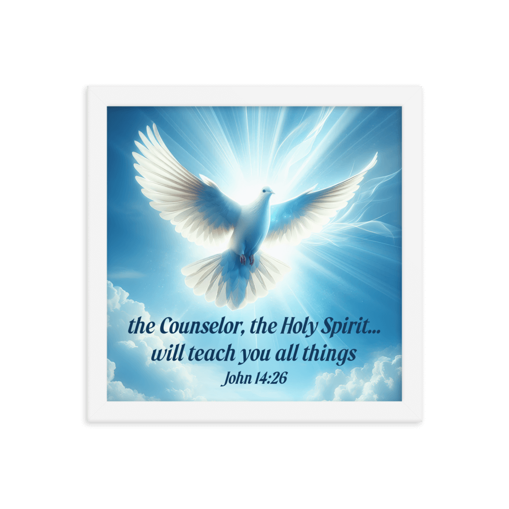 John 14:26 Bible Verse, Holy Spirit Dove Enhanced Matte Paper Framed Poster Wall Art White 12″×12″