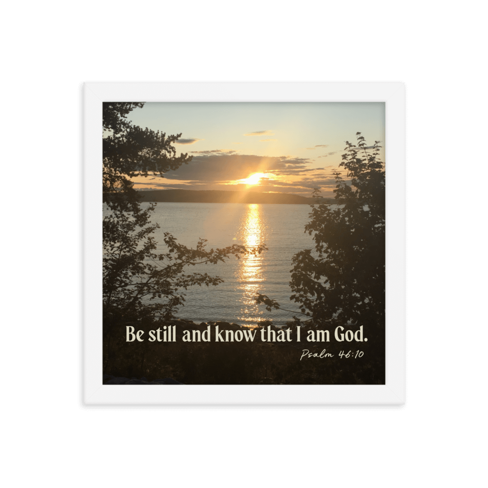 Psalm 46:10 Bible Verse, Sunset Glory Enhanced Matte Paper Framed Poster Wall Art White 12″×12″