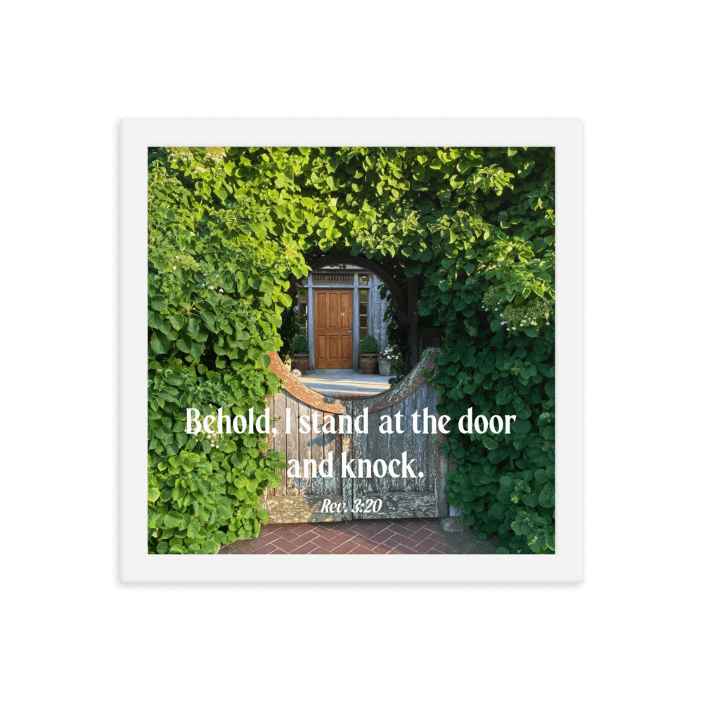 Revelation 3:20 Bible Verse, Garden Doorway Enhanced Matte Paper Framed Poster Wall Art White 12″×12″