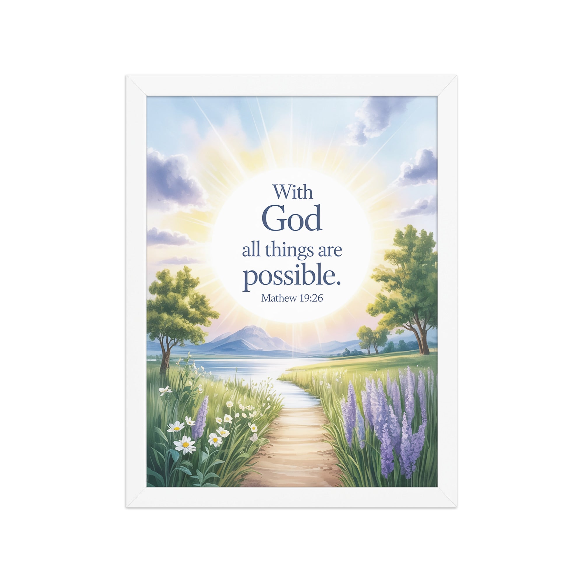 Matthew 19:26 Bible Verse Looking at Enhanced Matte Paper Framed Poster White 12″×16″