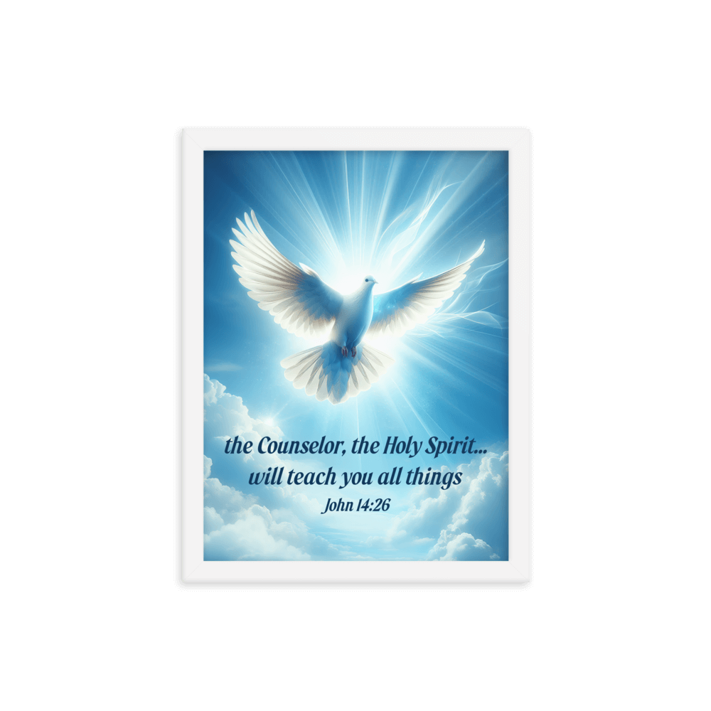 John 14:26 Bible Verse, Holy Spirit Dove Enhanced Matte Paper Framed Poster Wall Art White 12″×16″