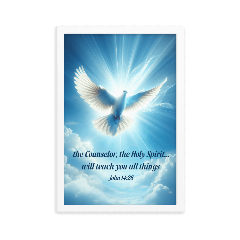 John 14:26 Bible Verse, Holy Spirit Dove Enhanced Matte Paper Framed Poster Wall Art White 12″×18″